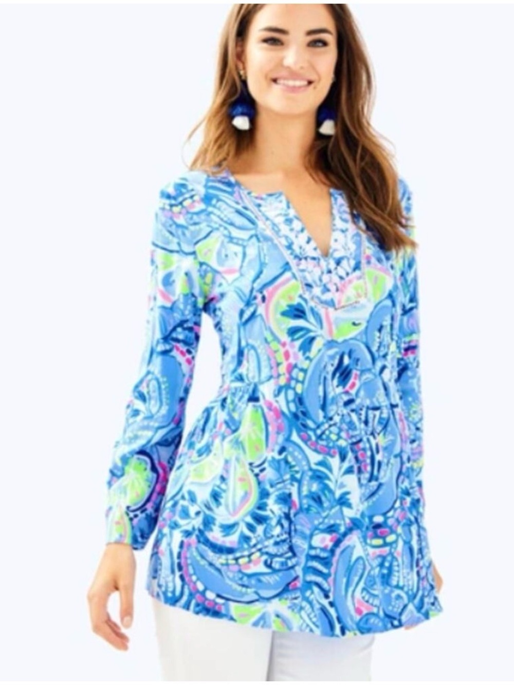 Lilly Pulitzer Light Blue Printed V-Neck Tunic with Neon Accents